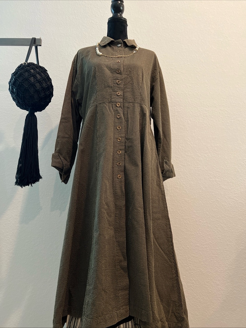 Button-Front Olive Long-Sleeve Maxi Dress